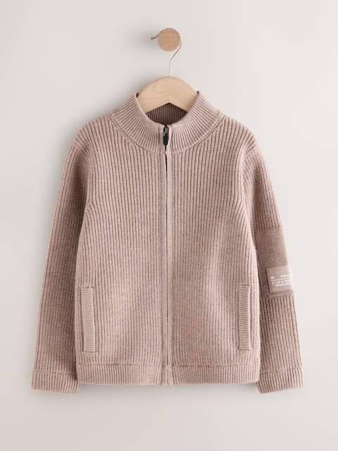 Neutral Utility Zip Through Knitted Cardigan