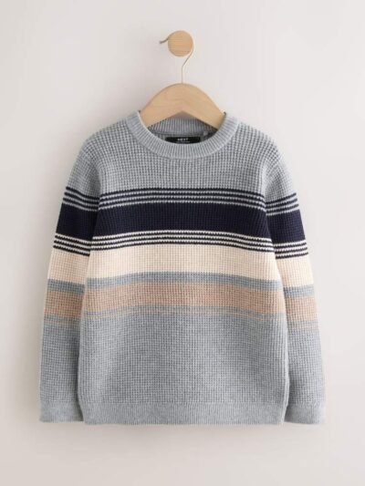 Grey Colourblock Stripe Crew Neck Knitted Jumper