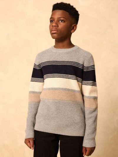 Grey Colourblock Stripe Crew Neck Knitted Jumper