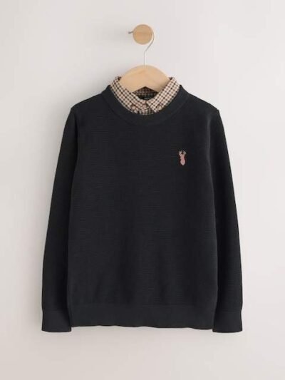 Black Mock Gingham Shirt and Crew Neck 100% Cotton Jumper