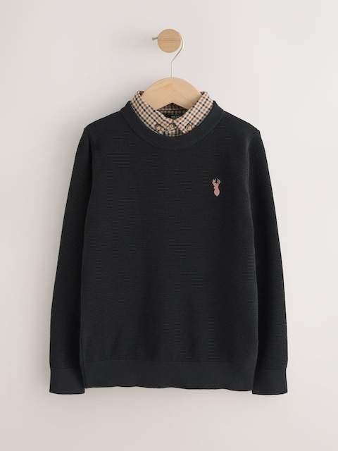 Black Mock Gingham Shirt and Crew Neck 100% Cotton Jumper