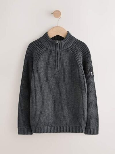 Charcoal Grey Utility Zip Neck Knitted Jumper