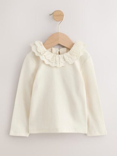 White Long Sleeve Collar Top