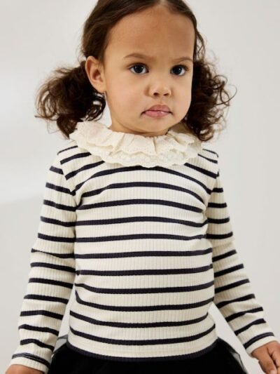 Black and White Stripe Long Sleeve Collar Top