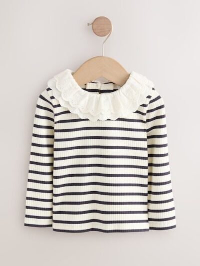 Black and White Stripe Long Sleeve Collar Top