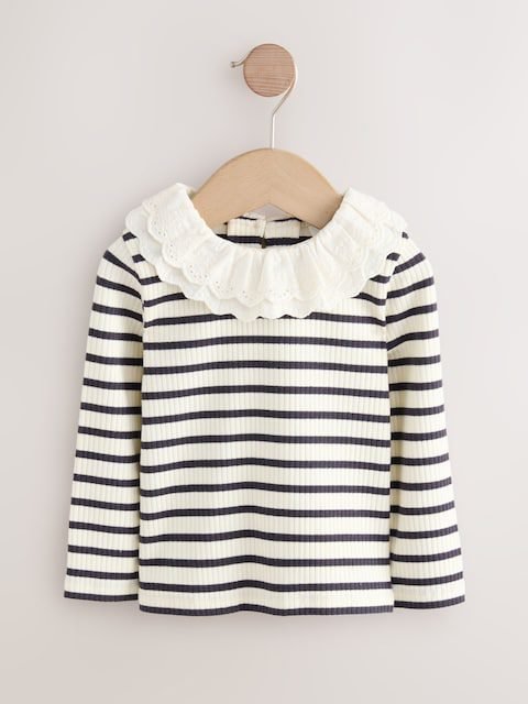 Black and White Stripe Long Sleeve Collar Top