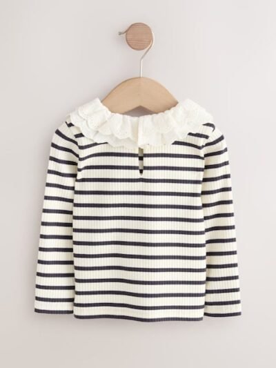 Black and White Stripe Long Sleeve Collar Top