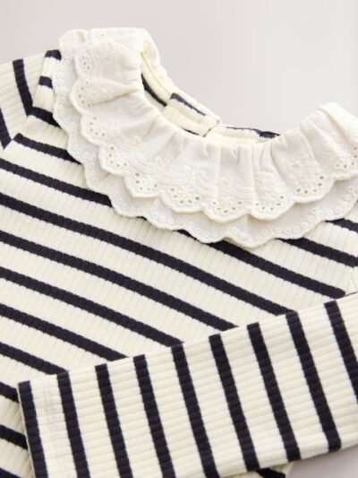 Black and White Stripe Long Sleeve Collar Top