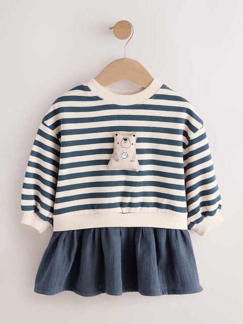 Navy Striped Mesh Skirt Sweat Dress