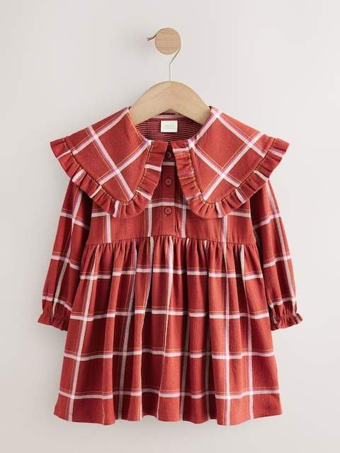 Red Check Long Sleeve Collared Dress