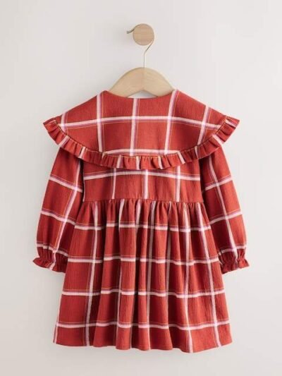 Red Check Long Sleeve Collared Dress