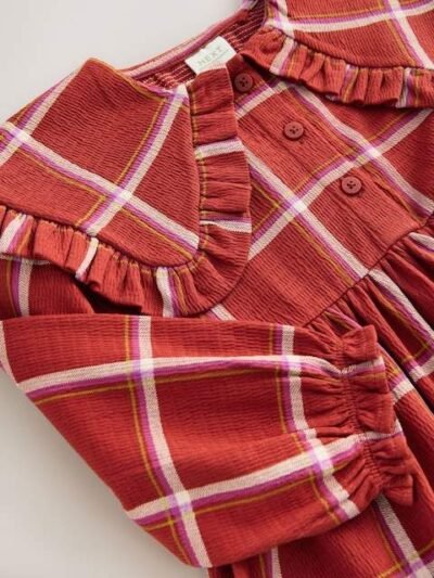 Red Check Long Sleeve Collared Dress