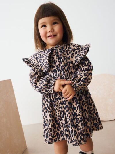 Leopard Print Long Sleeve Collared Dress