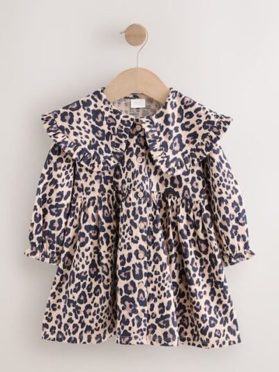 Leopard Print Long Sleeve Collared Dress