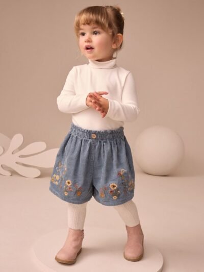 Navy Floral Embroidered Shorts with Tights