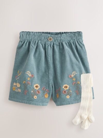 Navy Floral Embroidered Shorts with Tights