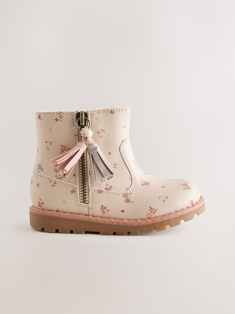 Neutral Floral Standard Fit (F) Chelsea Zip Tassel Ankle Boots