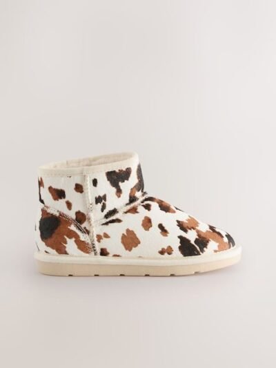 Brown/Cream Cow Print Standard Fit (F) Suede Pull On Boots