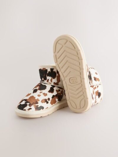 Brown/Cream Cow Print Standard Fit (F) Suede Pull On Boots