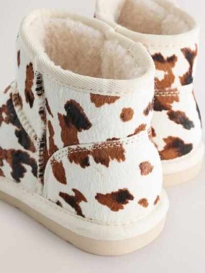 Brown/Cream Cow Print Standard Fit (F) Suede Pull On Boots