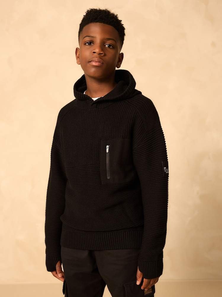 Black Utility Knitted Hoodie