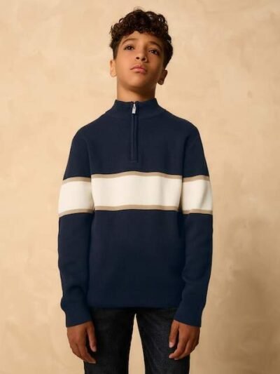 Navy Blue Colourblock Zip Neck Knitted Jumper