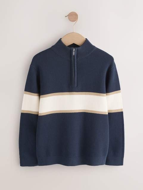 Navy Blue Colourblock Zip Neck Knitted Jumper