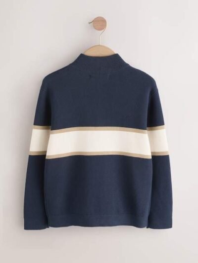 Navy Blue Colourblock Zip Neck Knitted Jumper