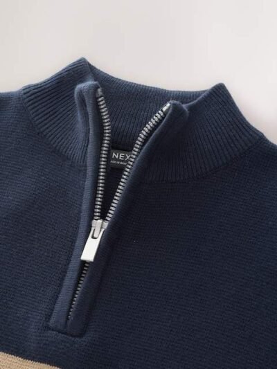 Navy Blue Colourblock Zip Neck Knitted Jumper