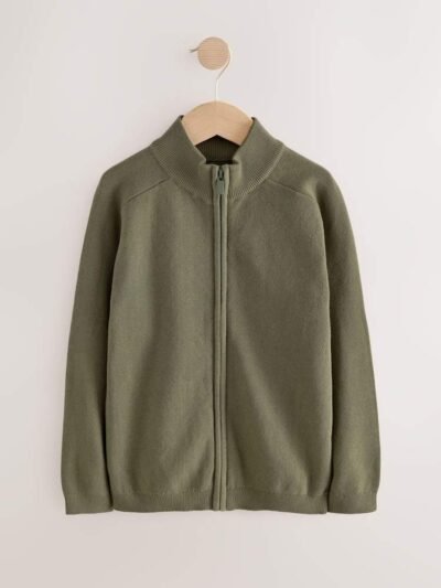 Khaki Green Zip Through Knitted Cardigan