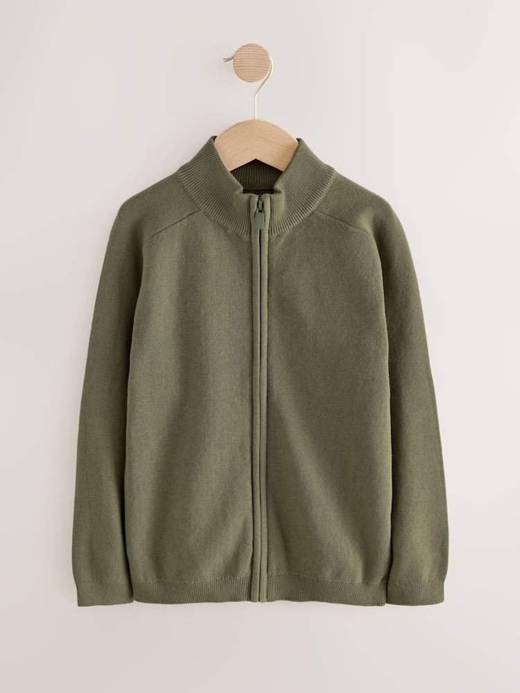 Khaki Green Zip Through Knitted Cardigan