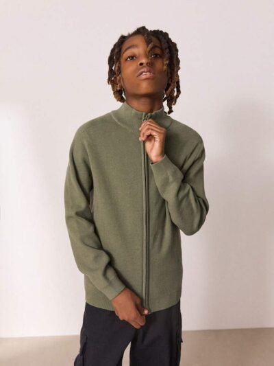 Khaki Green Zip Through Knitted Cardigan