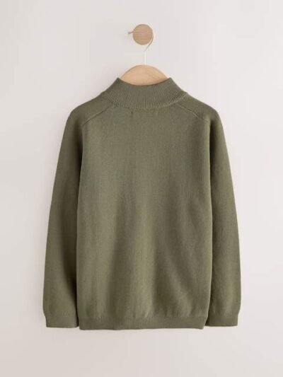 Khaki Green Zip Through Knitted Cardigan