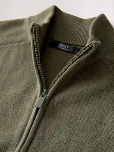Khaki Green Zip Through Knitted Cardigan