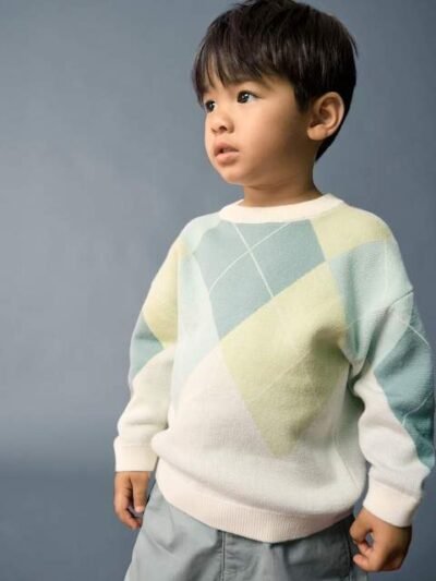 Green/Blue Argyle Knitted Crew Neck Cotton Jumper
