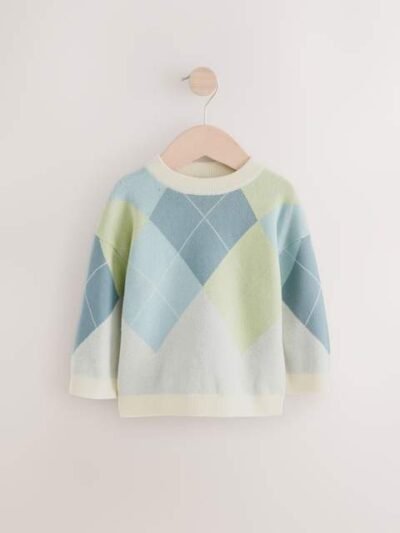 Green/Blue Argyle Knitted Crew Neck Cotton Jumper