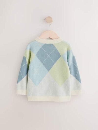Green/Blue Argyle Knitted Crew Neck Cotton Jumper