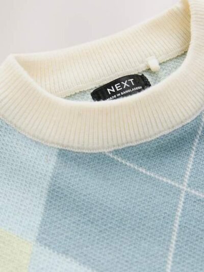 Green/Blue Argyle Knitted Crew Neck Cotton Jumper