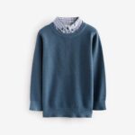 Navy Mock Gingham Shirt and Crew Neck 100% Cotton Jumper