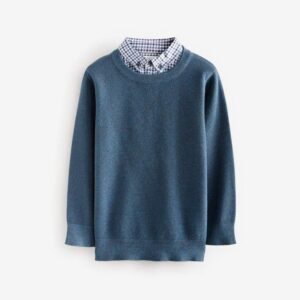 Navy Mock Gingham Shirt and Crew Neck 100% Cotton Jumper