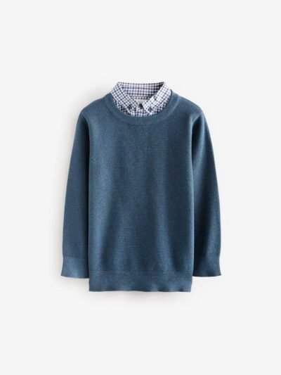 Navy Mock Gingham Shirt and Crew Neck 100% Cotton Jumper