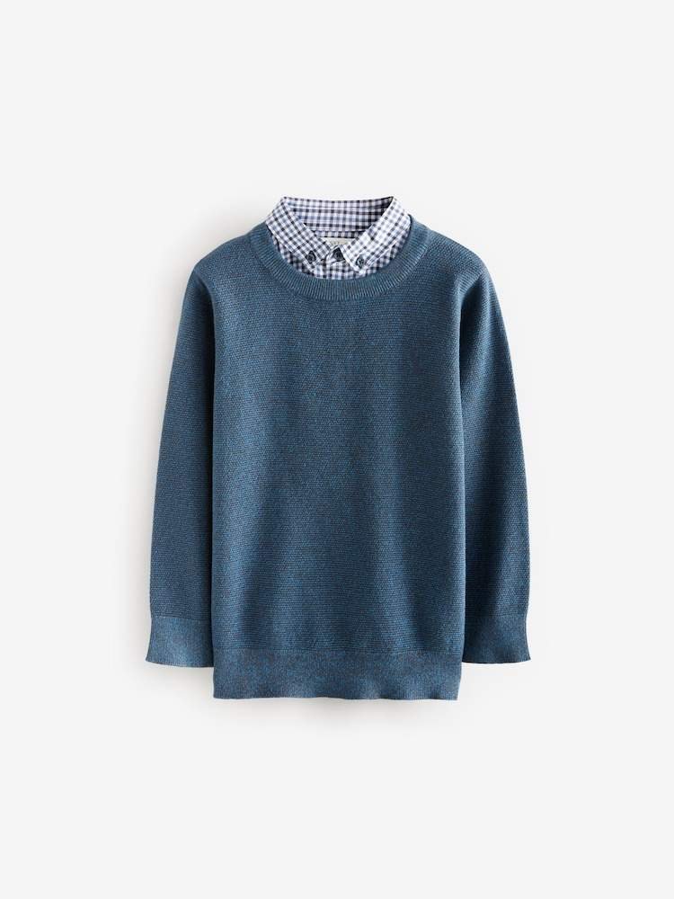 Navy Mock Gingham Shirt and Crew Neck 100% Cotton Jumper
