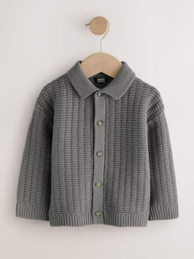 Charcoal Grey Textured Button Through Knitted Polo Shirt