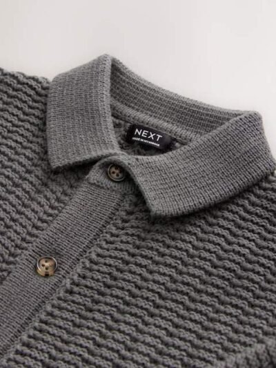 Charcoal Grey Textured Button Through Knitted Polo Shirt