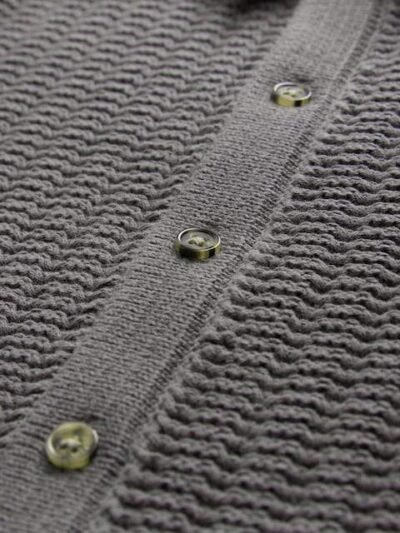 Charcoal Grey Textured Button Through Knitted Polo Shirt