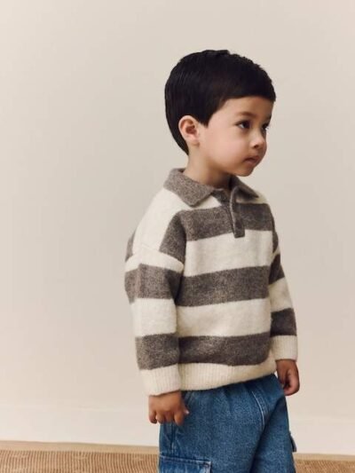 Grey/Brown Stripe Knitted Rugby Polo Shirt