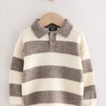 Grey/Brown Stripe Knitted Rugby Polo Shirt