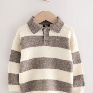 Grey/Brown Stripe Knitted Rugby Polo Shirt