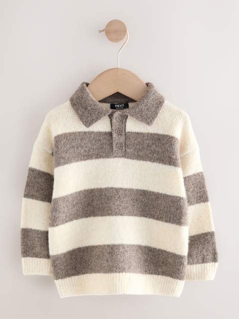 Grey/Brown Stripe Knitted Rugby Polo Shirt