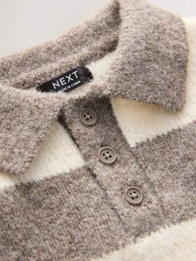Grey/Brown Stripe Knitted Rugby Polo Shirt